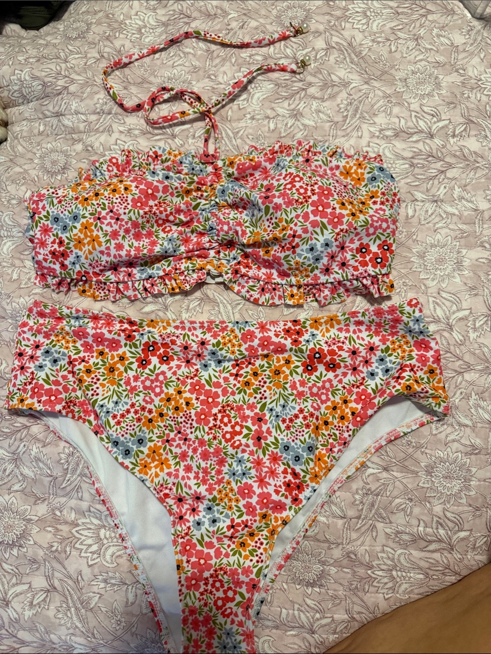 SHEIN Pink Multi Floral Bandeau Two-Piece Swim Set
